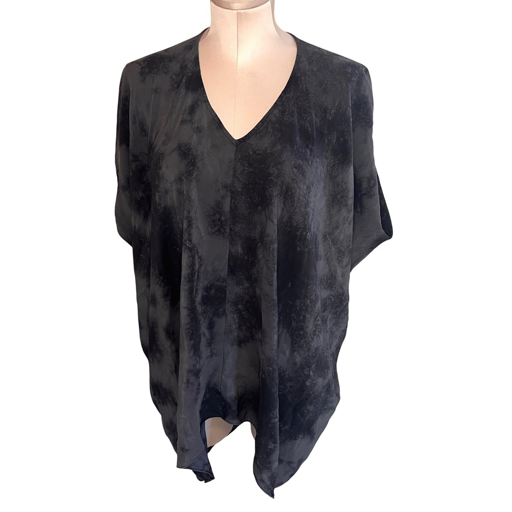 Eileen Fisher Silk Tie Dye V-Neck Tunic Top Grey Black Oversized XS High-Low